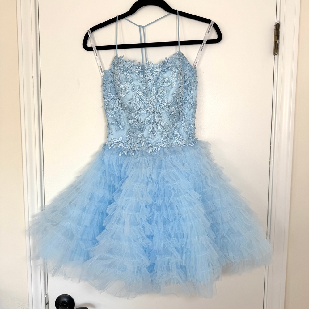 Sherri Hill Light Blue Lace Tulle Ruffle Mini Dress Corset Back Size 8 Prom